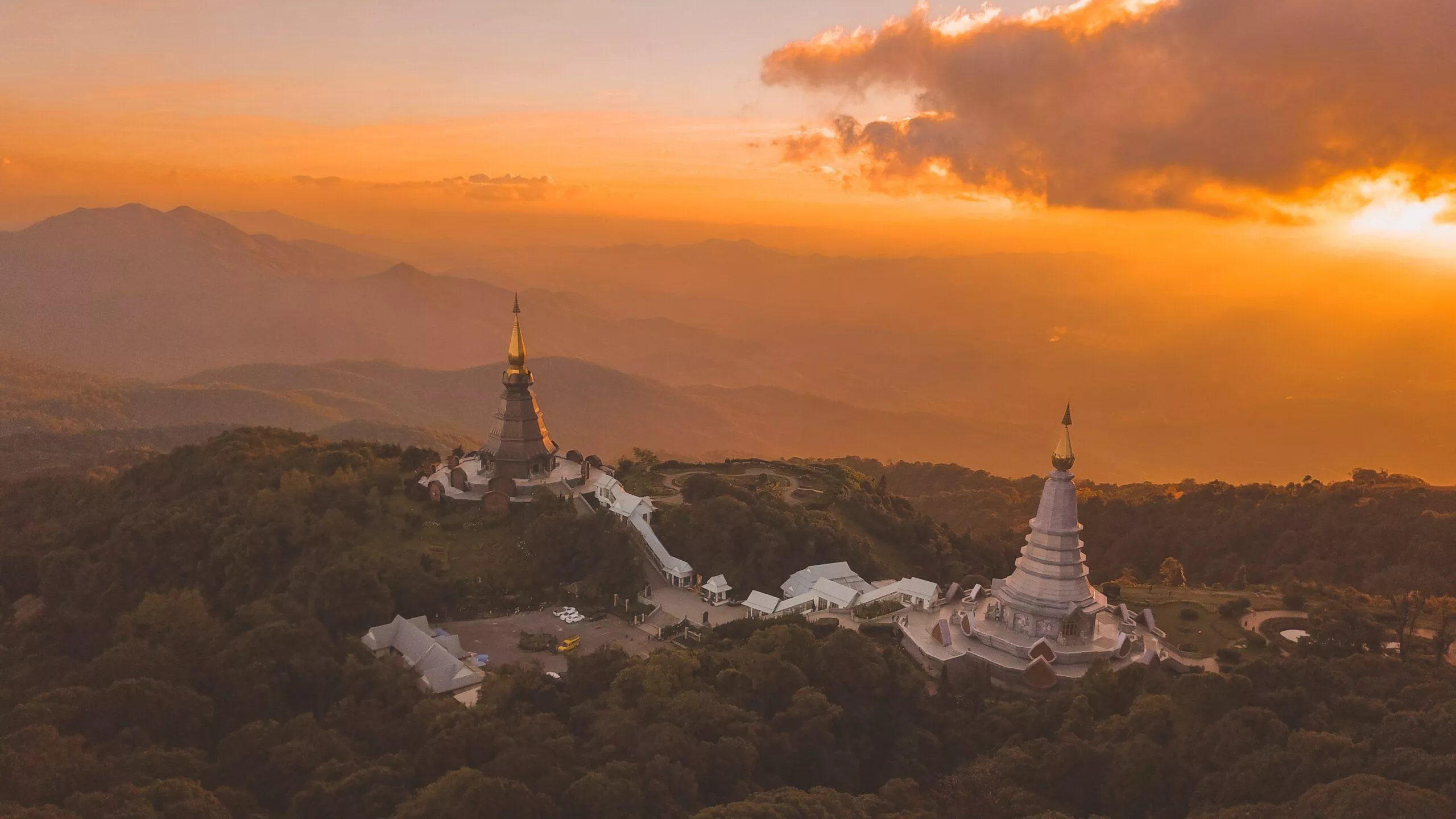 Aerial view over Doi Ithanon at sunset