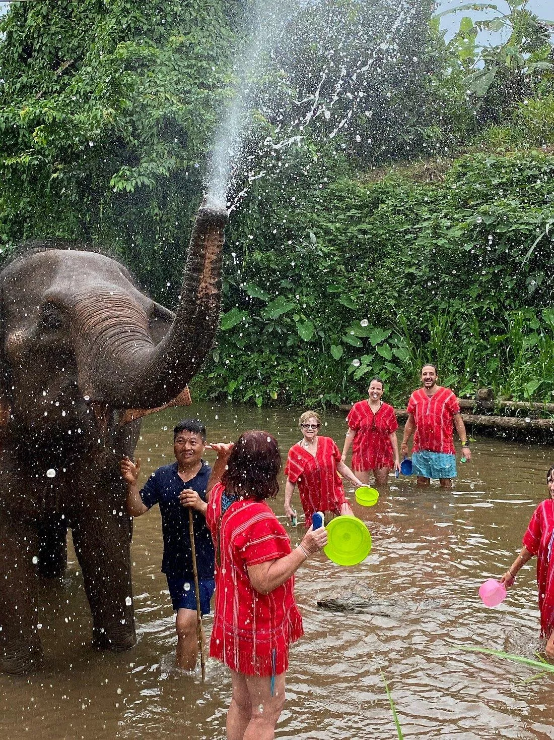 Picture of people watching an elephant splashing water, during their elephant tour.
