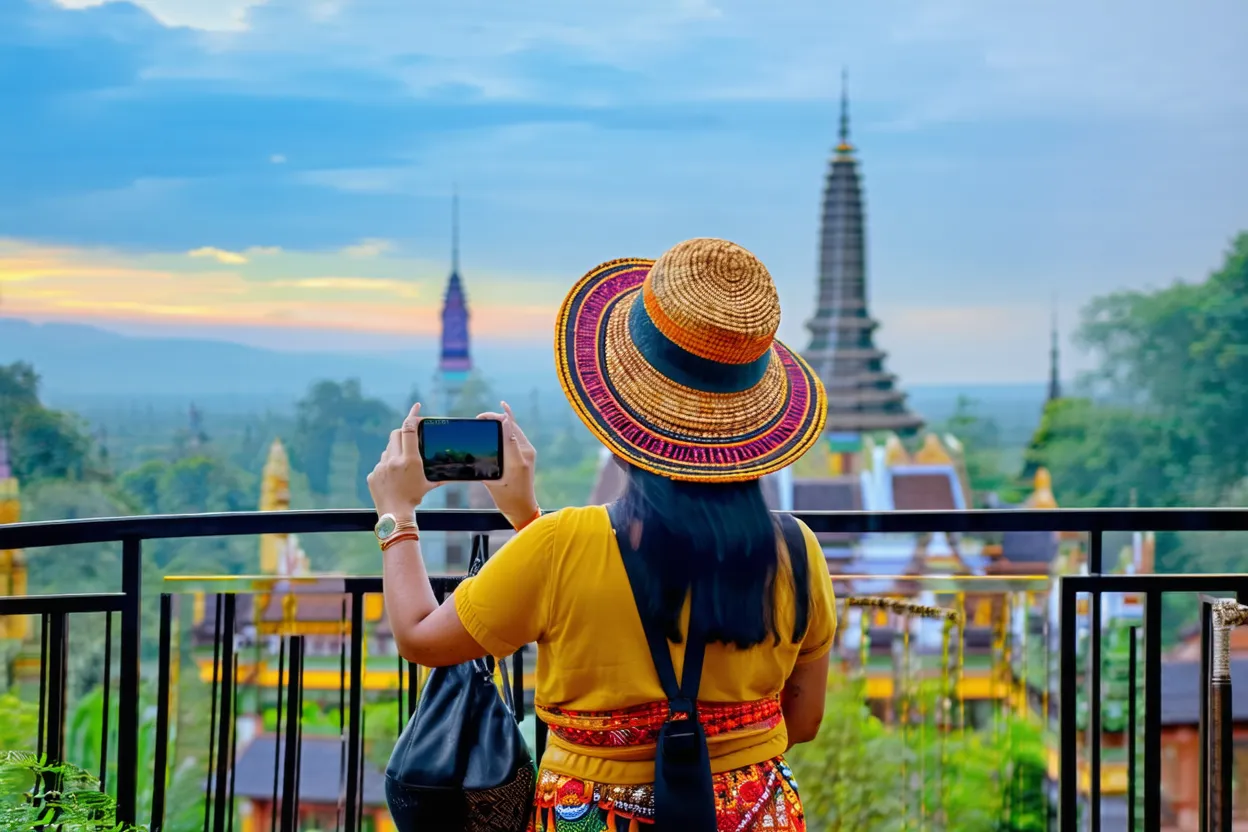 An Asian lady taking a picture of a Thai scenery with temples. Ai generated image.